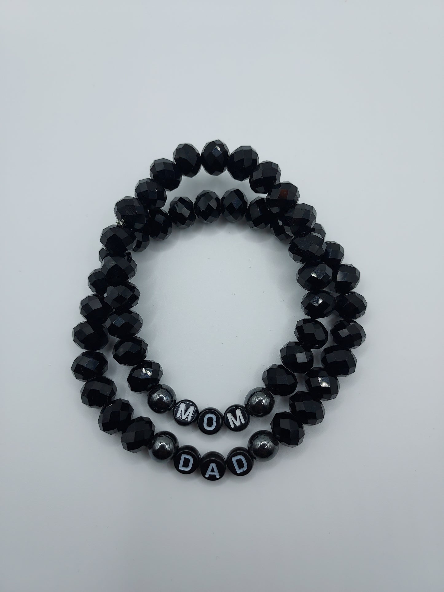 Custom Mom and Dad Bracelets - Black Faceted Bead Bracelet Set