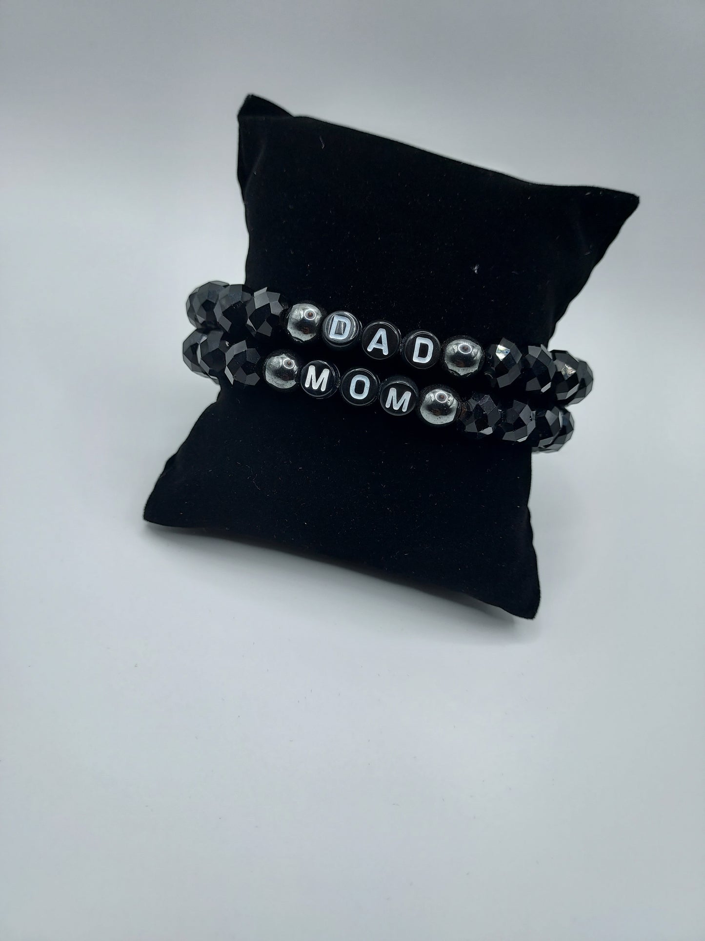 Custom Mom and Dad Bracelets - Black Faceted Bead Bracelet Set