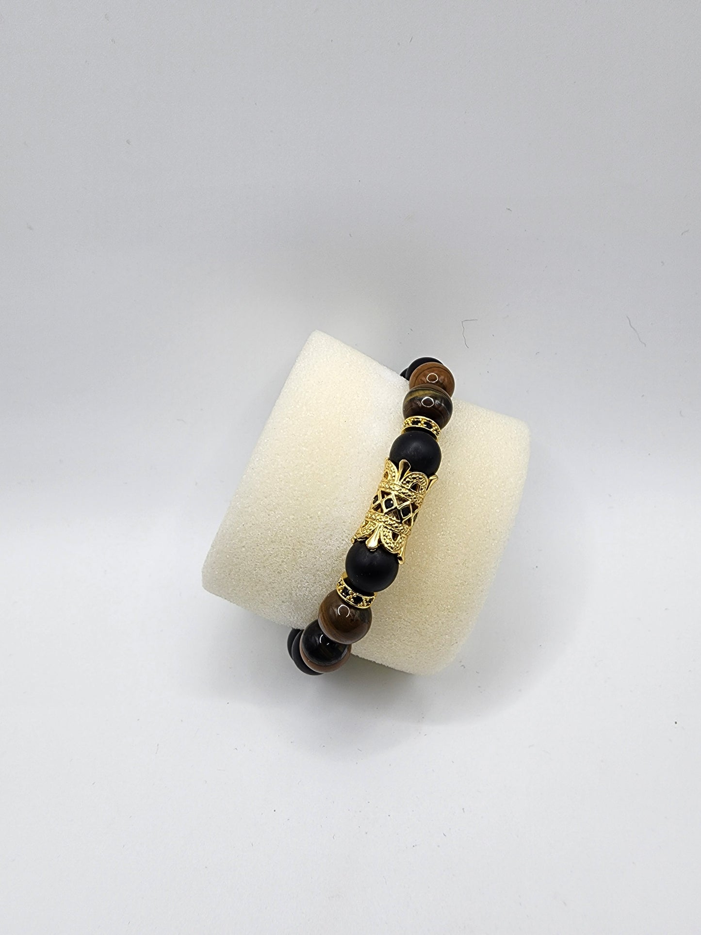 Black Onyx & Tiger's Eye Bracelet with Gold Mask Charm - Ideal Father's Day Gift