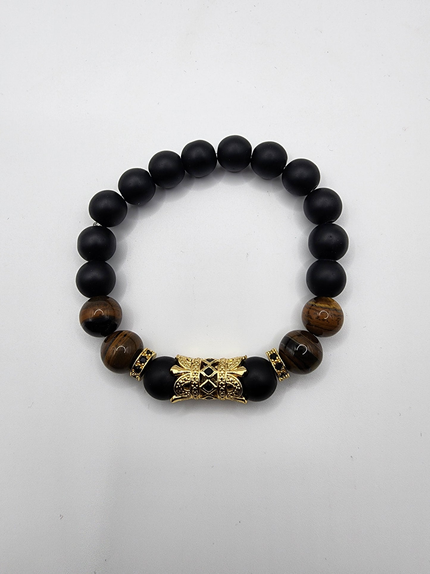 Black Onyx & Tiger's Eye Bracelet with Gold Mask Charm - Ideal Father's Day Gift