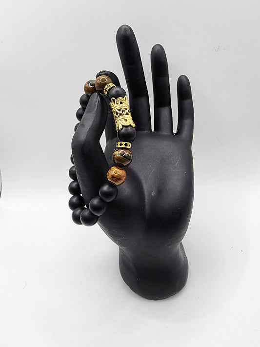 Black Onyx & Tiger's Eye Bracelet with Gold Mask Charm - Ideal Father's Day Gift